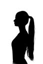 Accueil Artistic silhouette of a woman with long ponytail against white background.